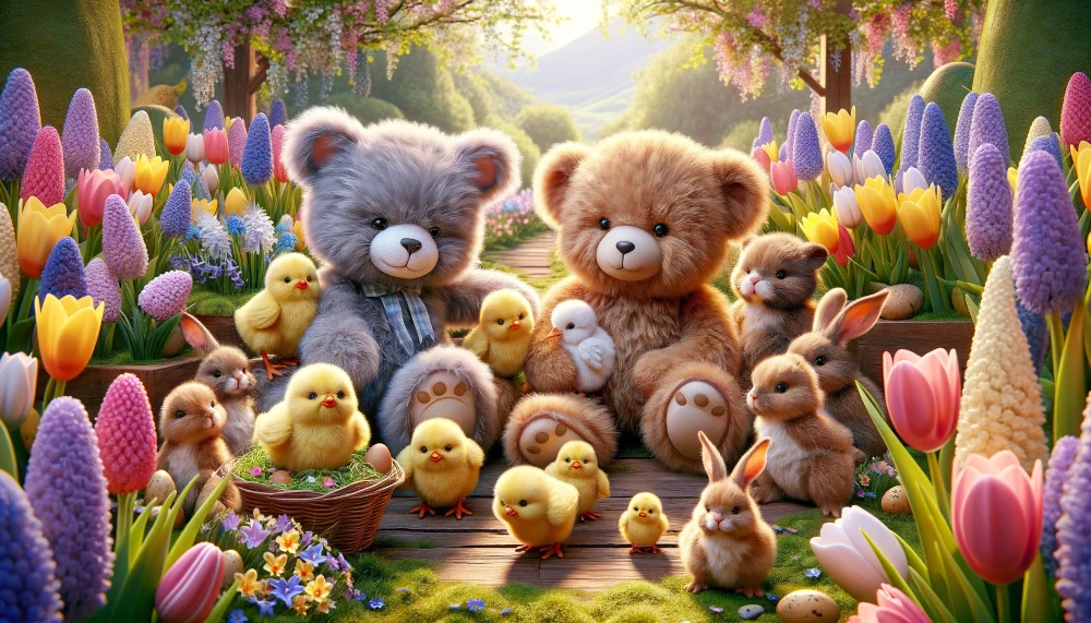 Happy Easter picture of bunny rabbits, teddy bears and Easter eggs