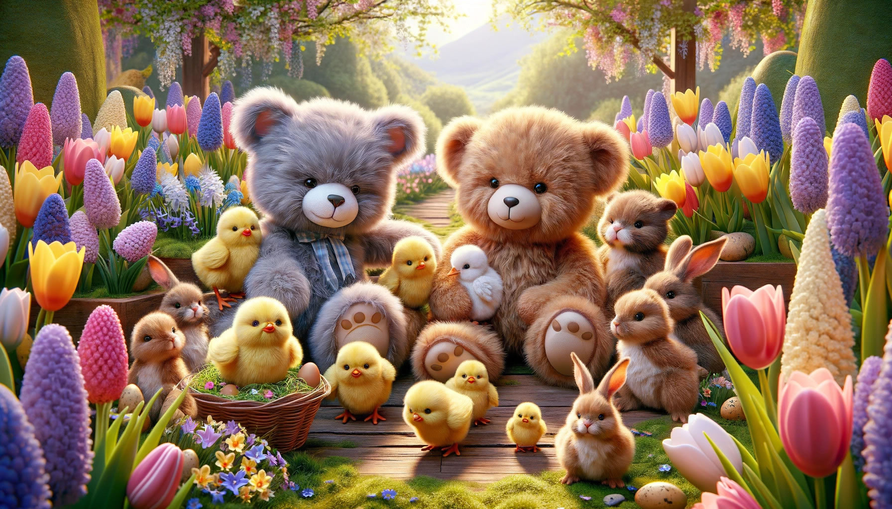 Easter Holidays Picture of Teddy, bunnies and Easter Eggs