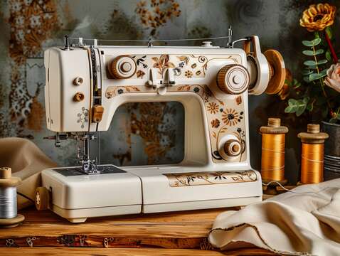 Sewing machine on a rustic table