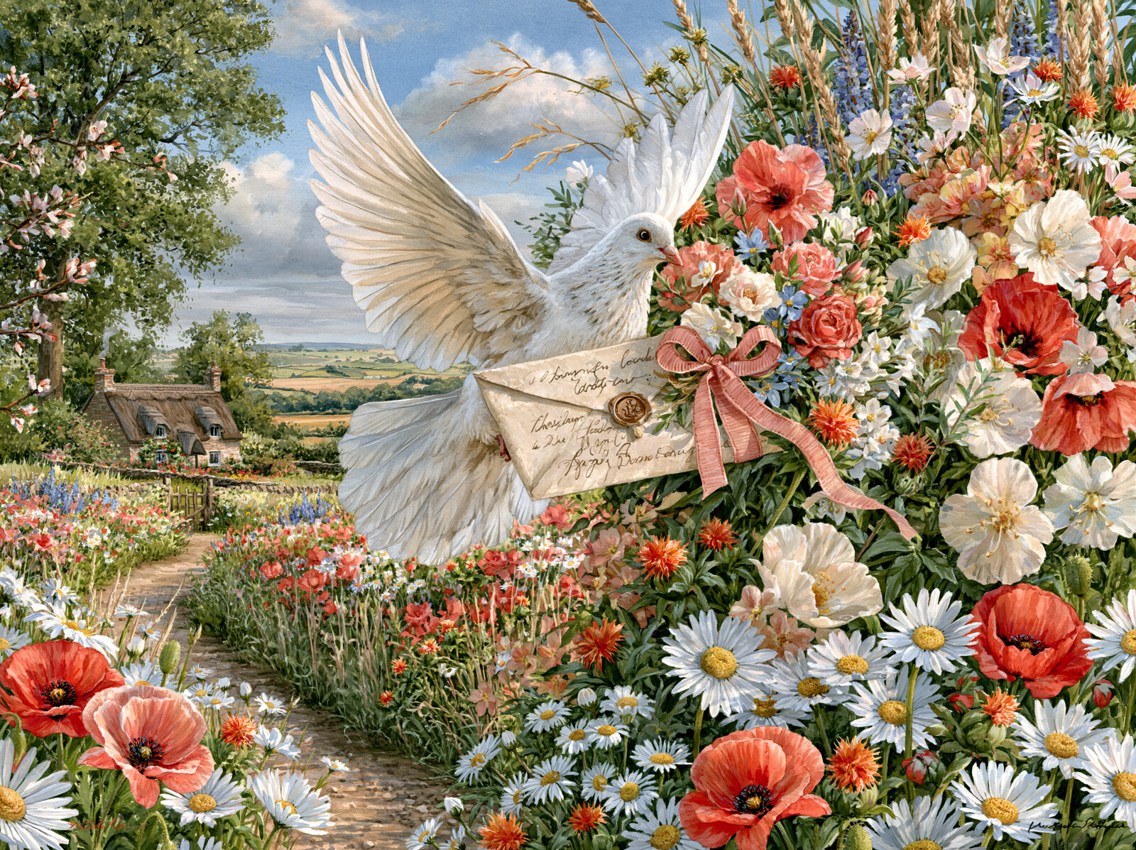 A white dove carrying a ribboned letter over a cottage garden path of poppies and daisies