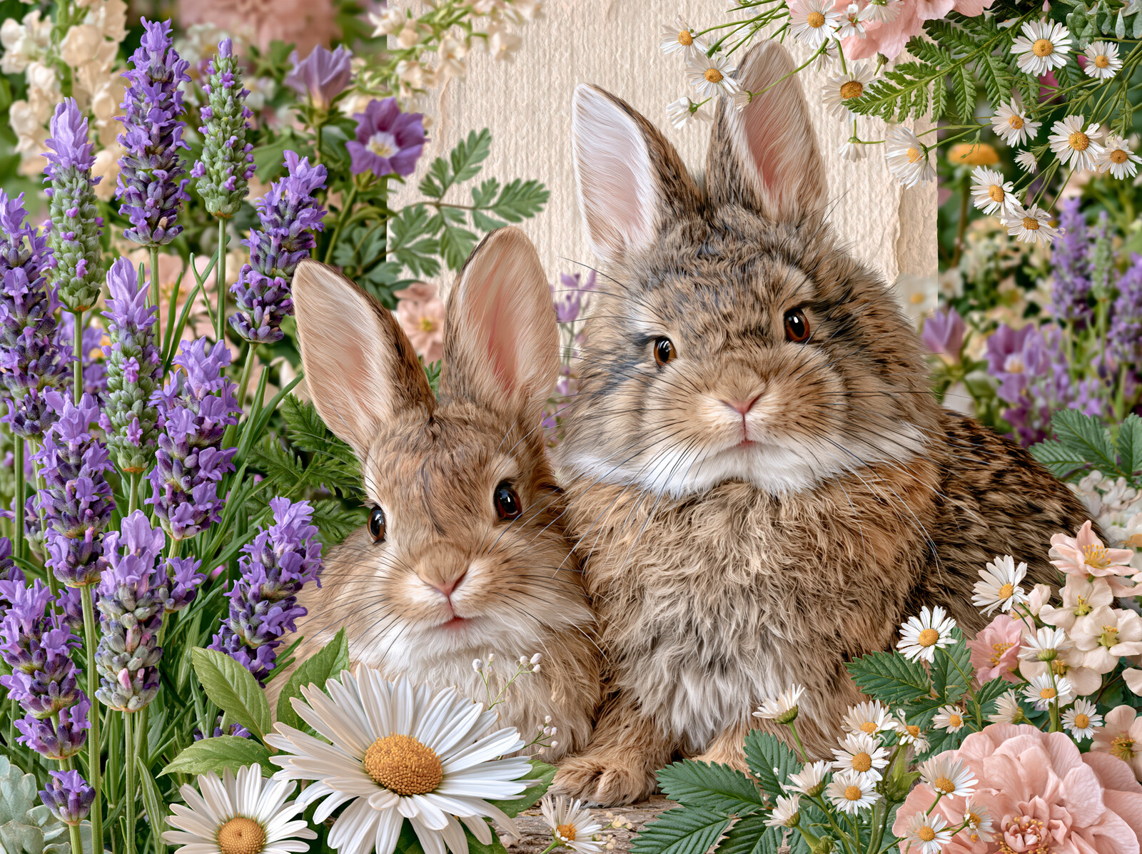 Two rabbits sitting among purple lavender and white daisies