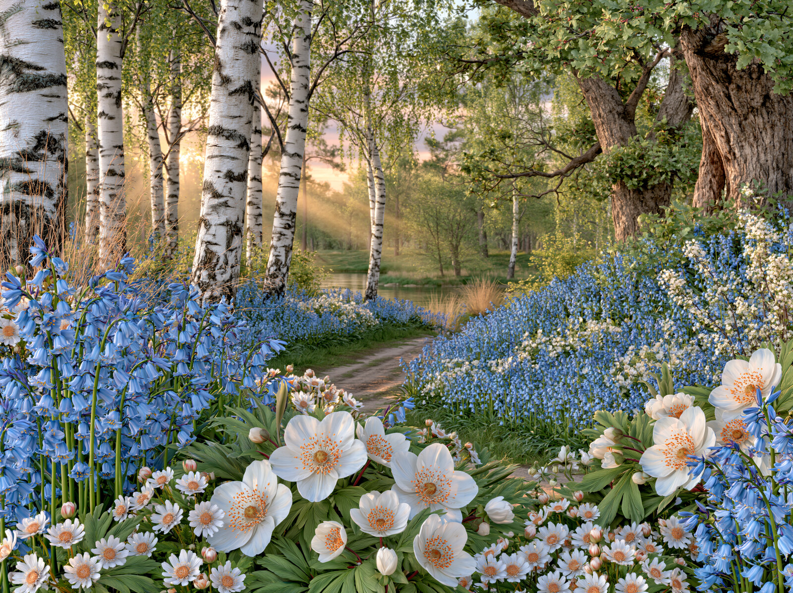 A winding path through a birch wood with bluebells and white wood anemones
