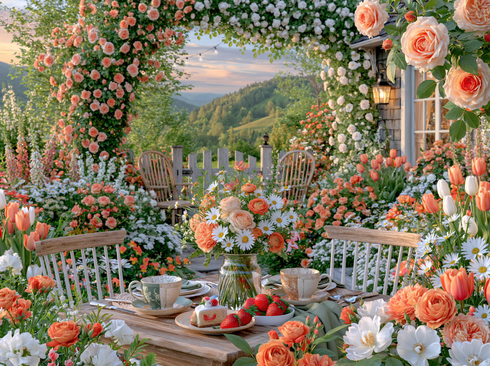 A tea table beneath a rose arch with rolling hills in the distance