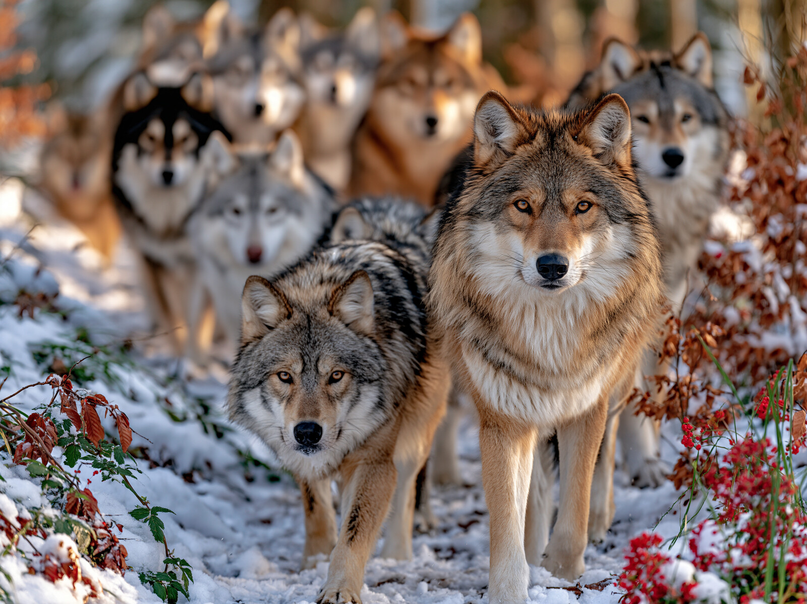 A wolf pack walking towards the viewer along a snowy forest trail lined with red berries