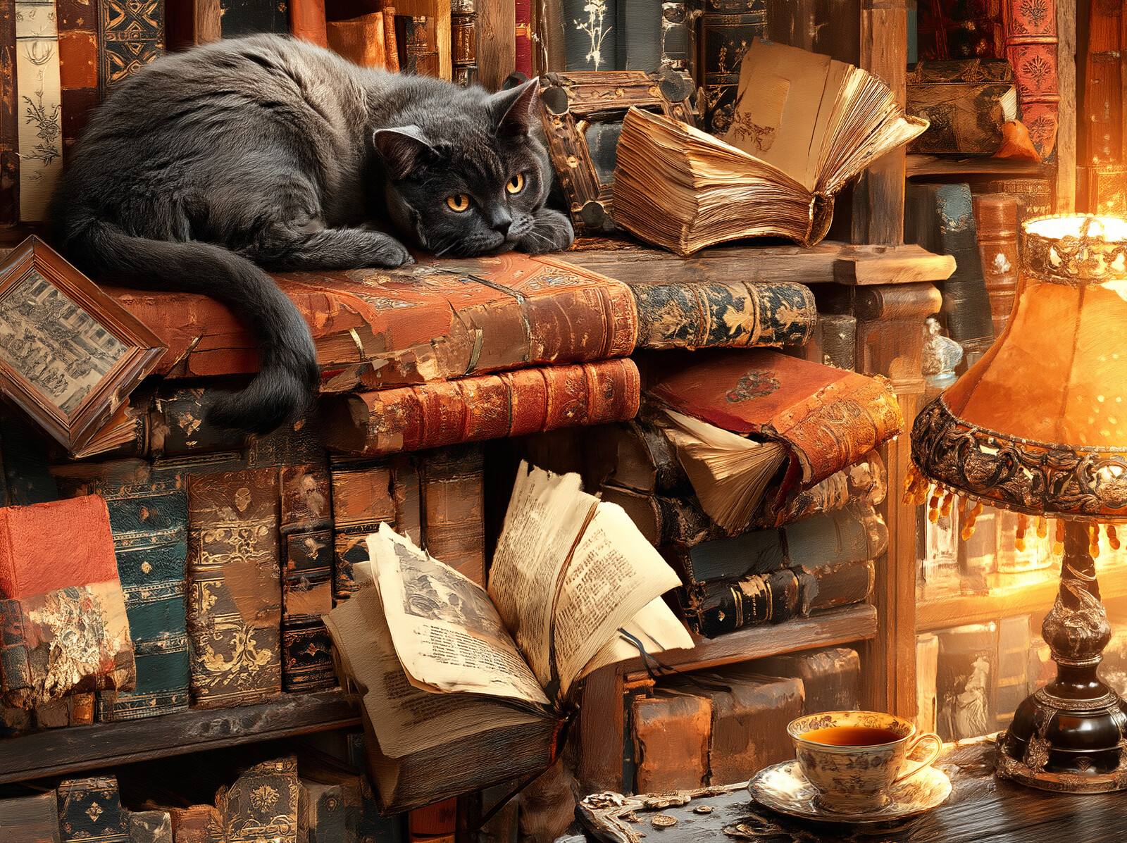 A grey cat asleep on a pile of old leather-bound books beside a glowing lamp and a cup of tea