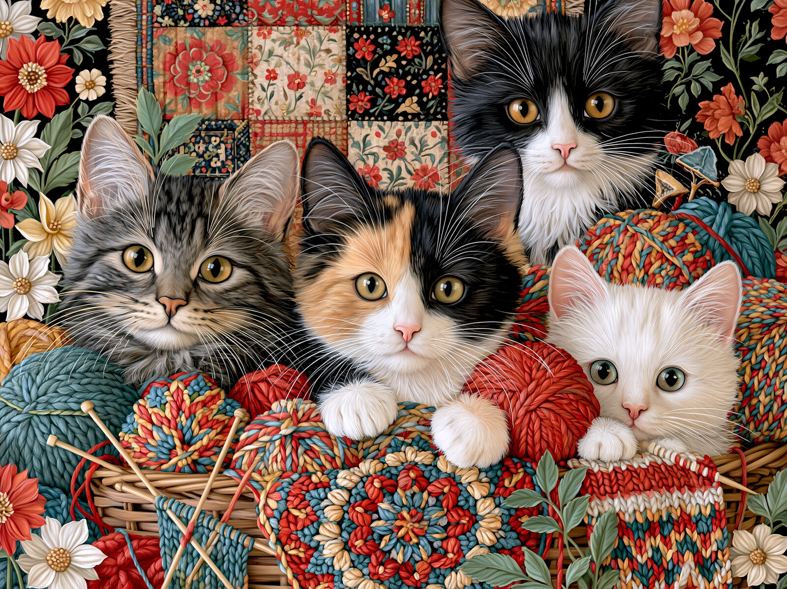 Five kittens, grey tabby, calico, tuxedo and white, peeping from a basket of wool and knitting among patchwork and flowers
