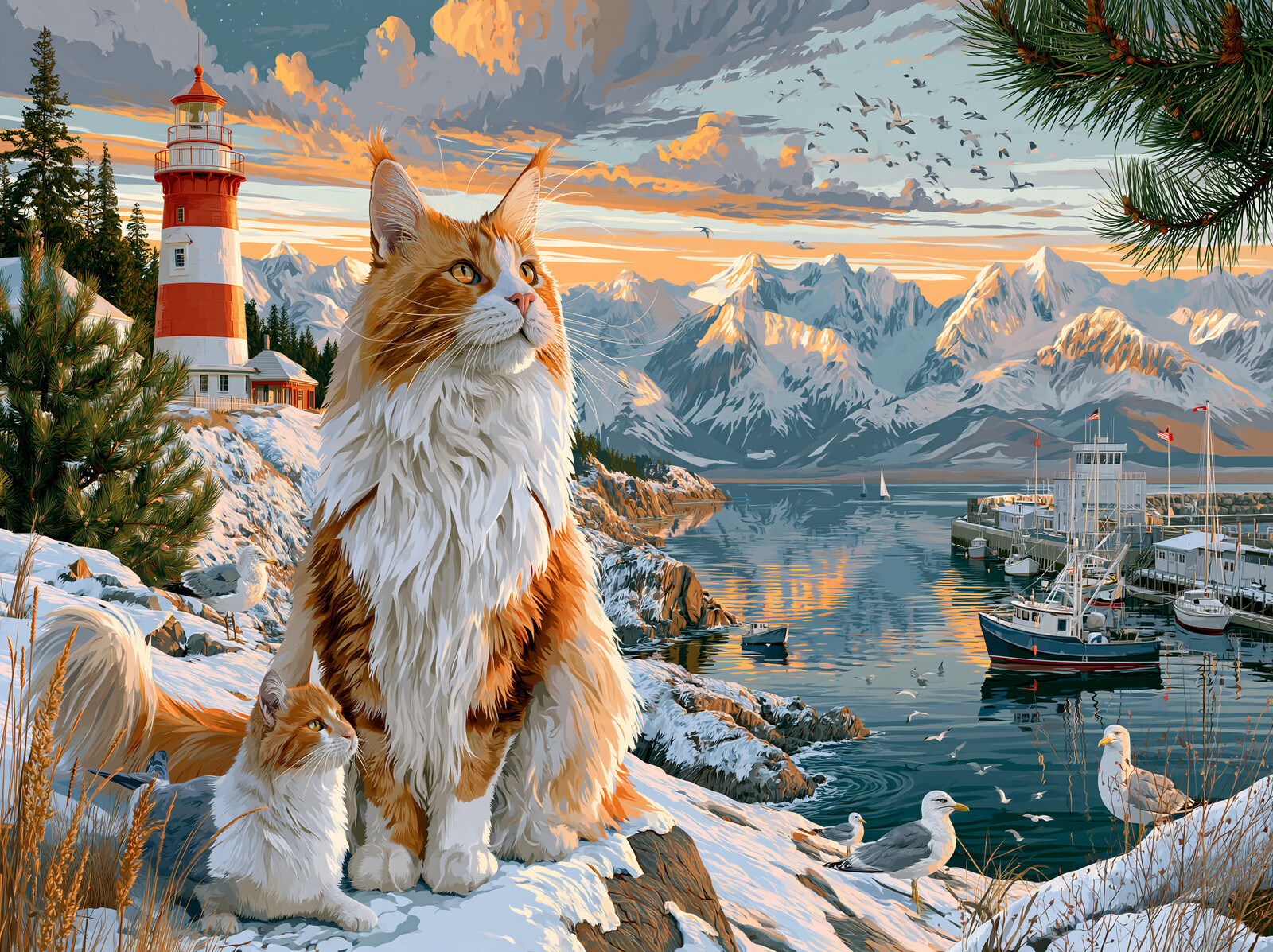 A ginger and white longhaired cat on snowy rocks above a harbour of fishing boats, with a lighthouse and mountains beyond
