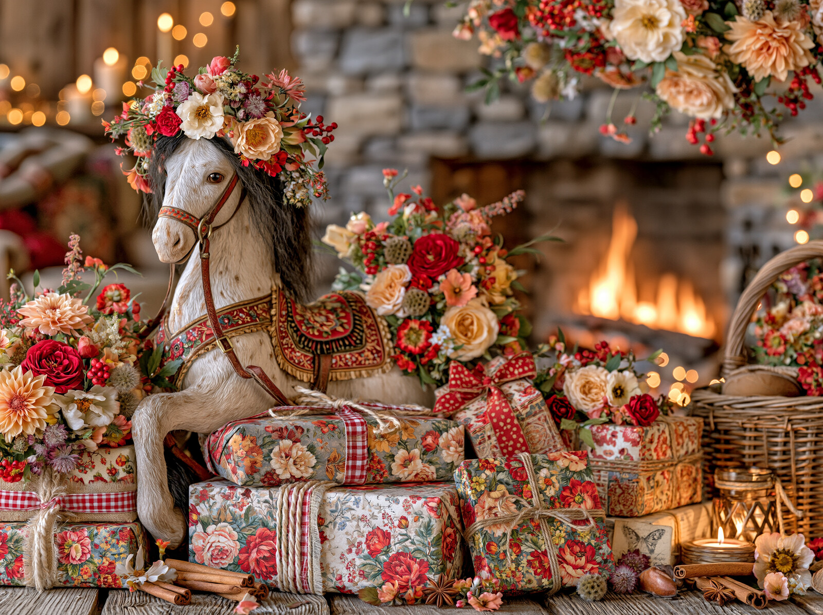 A painted rocking horse among flower-wrapped presents beside a crackling fire at Christmas