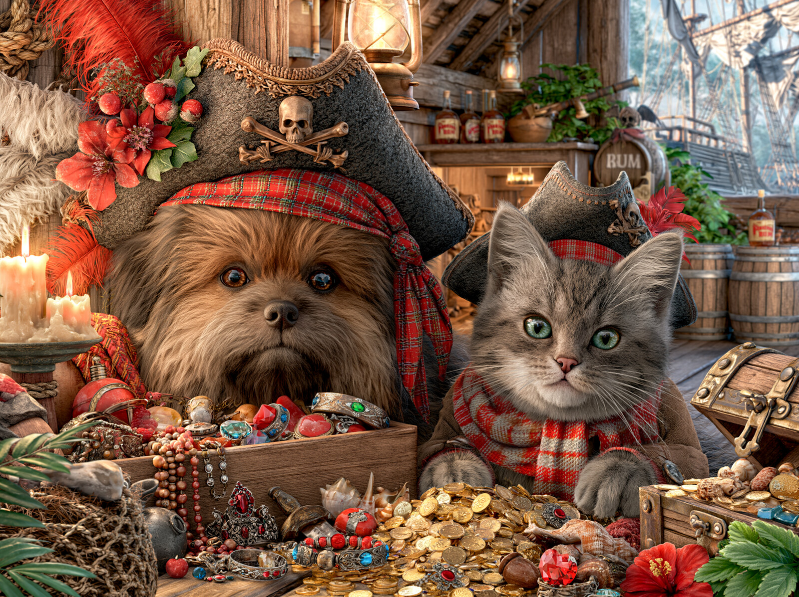 A terrier in a skull-and-crossbones pirate hat and a tabby cat in tartan sitting among chests of coins and jewels