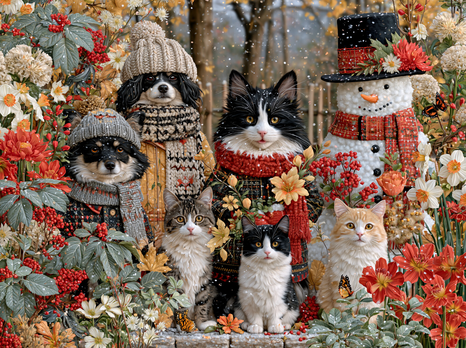 Dogs and cats in knitted hats and scarves gathered round a snowman in a snowy wood full of autumn berries