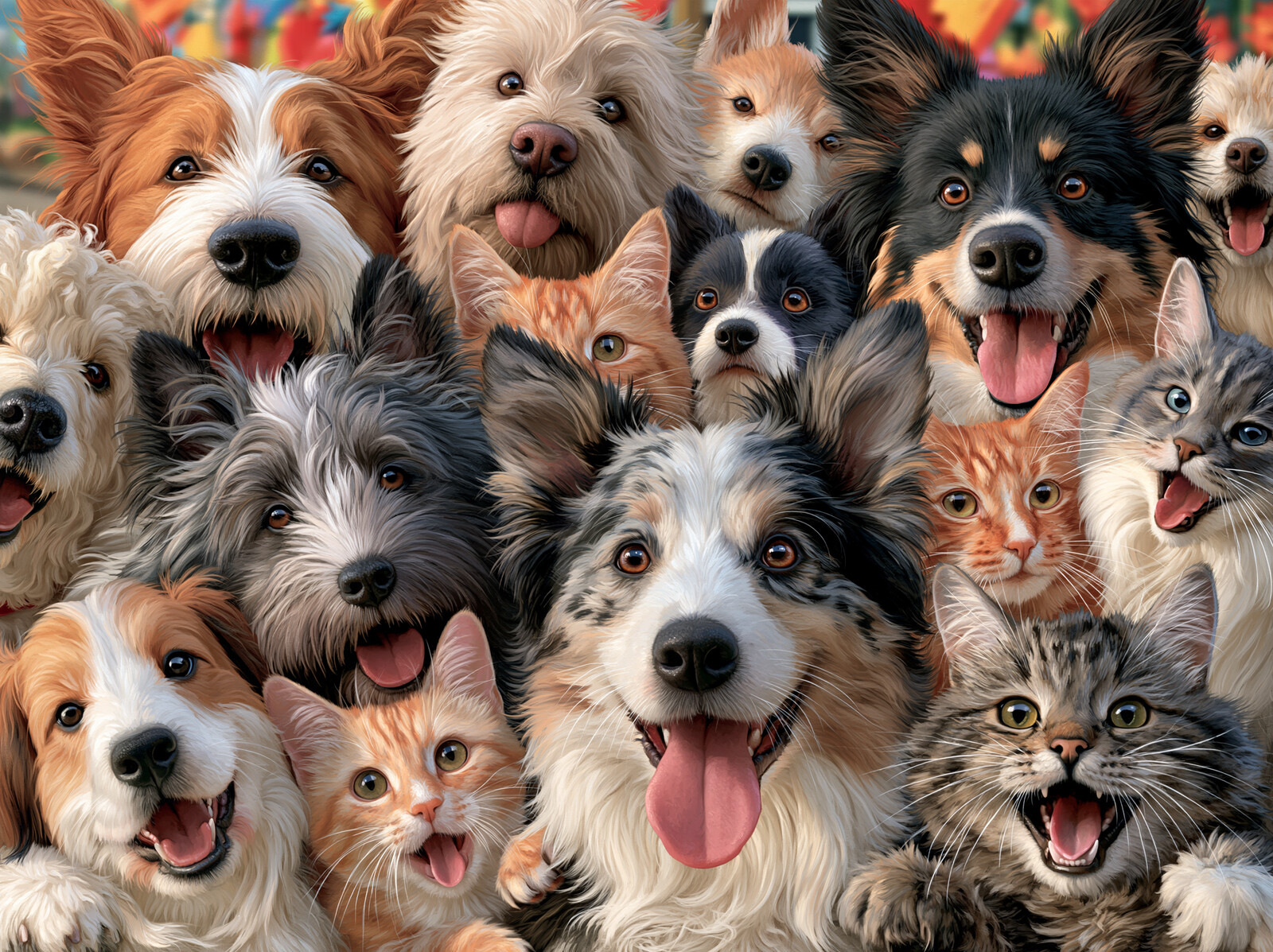 A crowd of grinning dogs and cats of every colour packed together, tongues out, looking at the camera