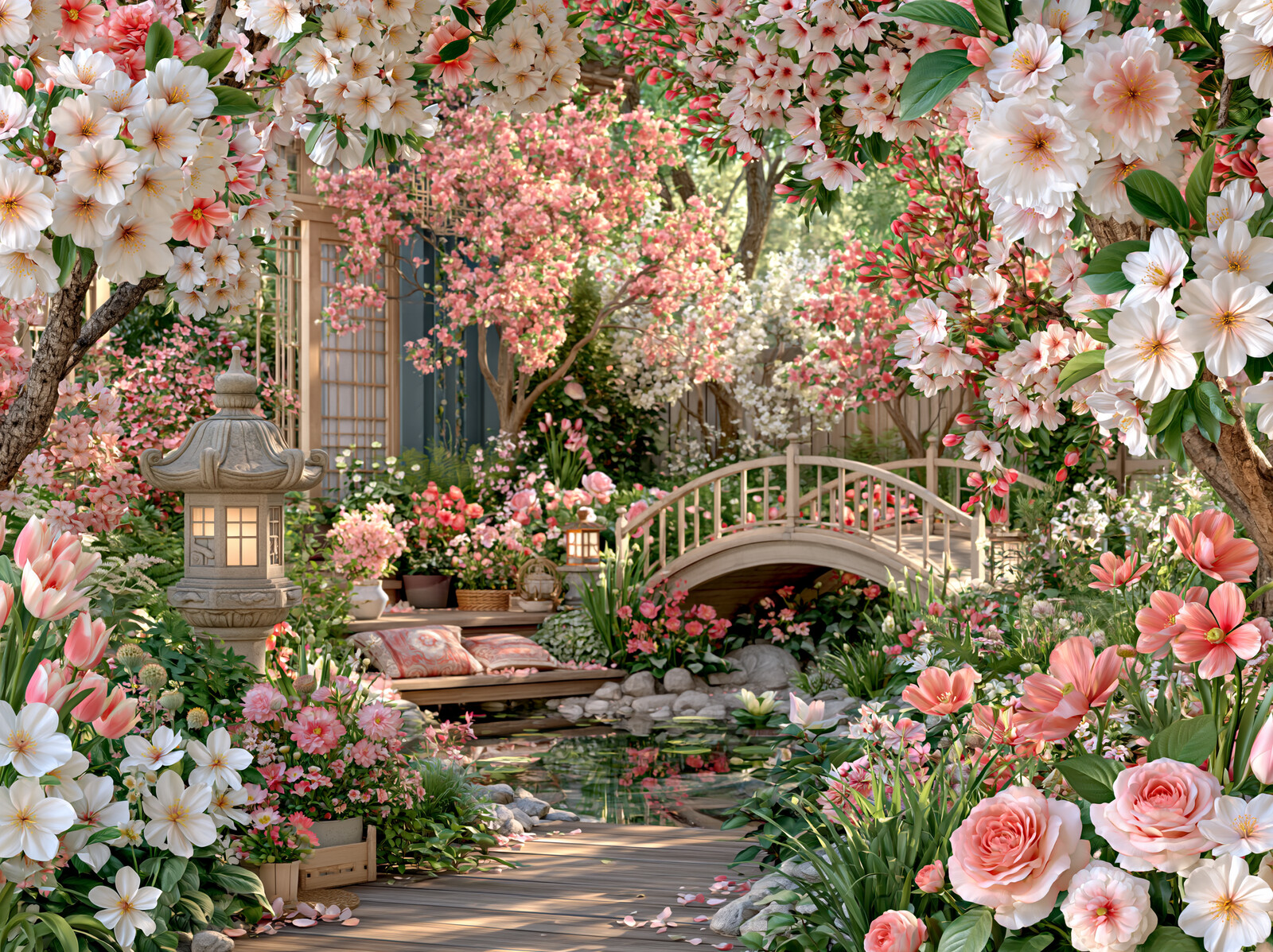 An arched wooden bridge and stone lantern in a Japanese garden full of roses and cherry blossom
