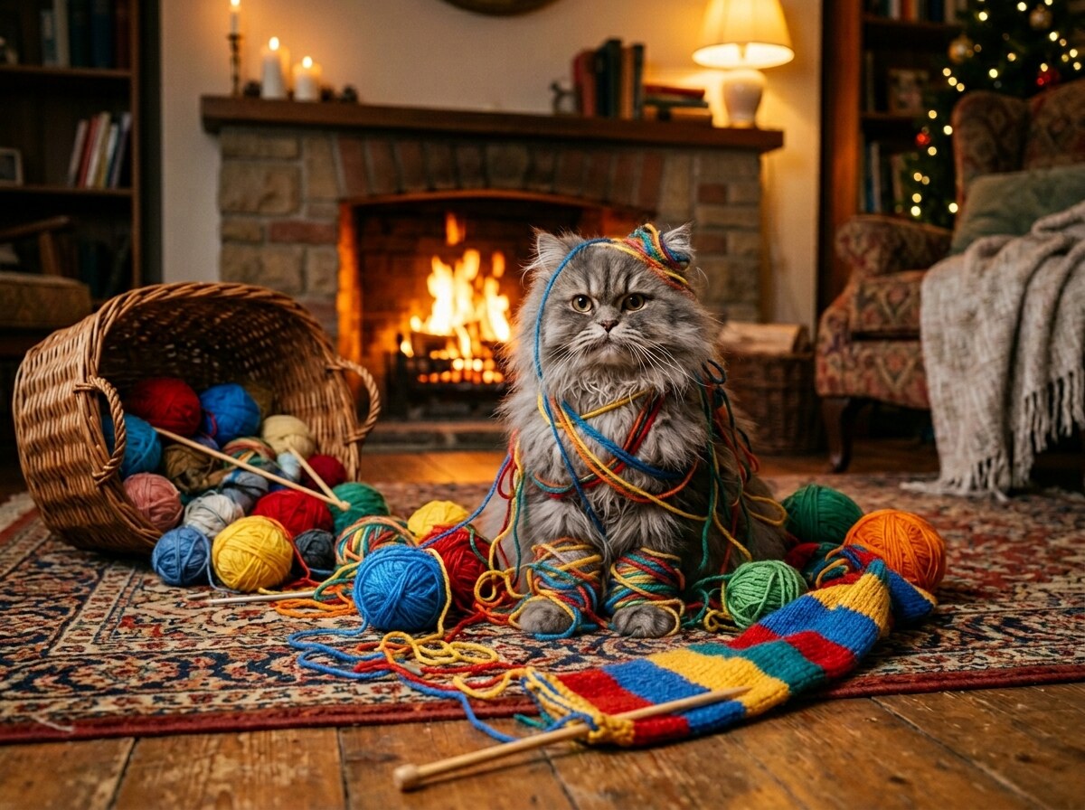 A fluffy grey cat wrapped in rainbow wool beside a tipped knitting basket in front of a blazing fire