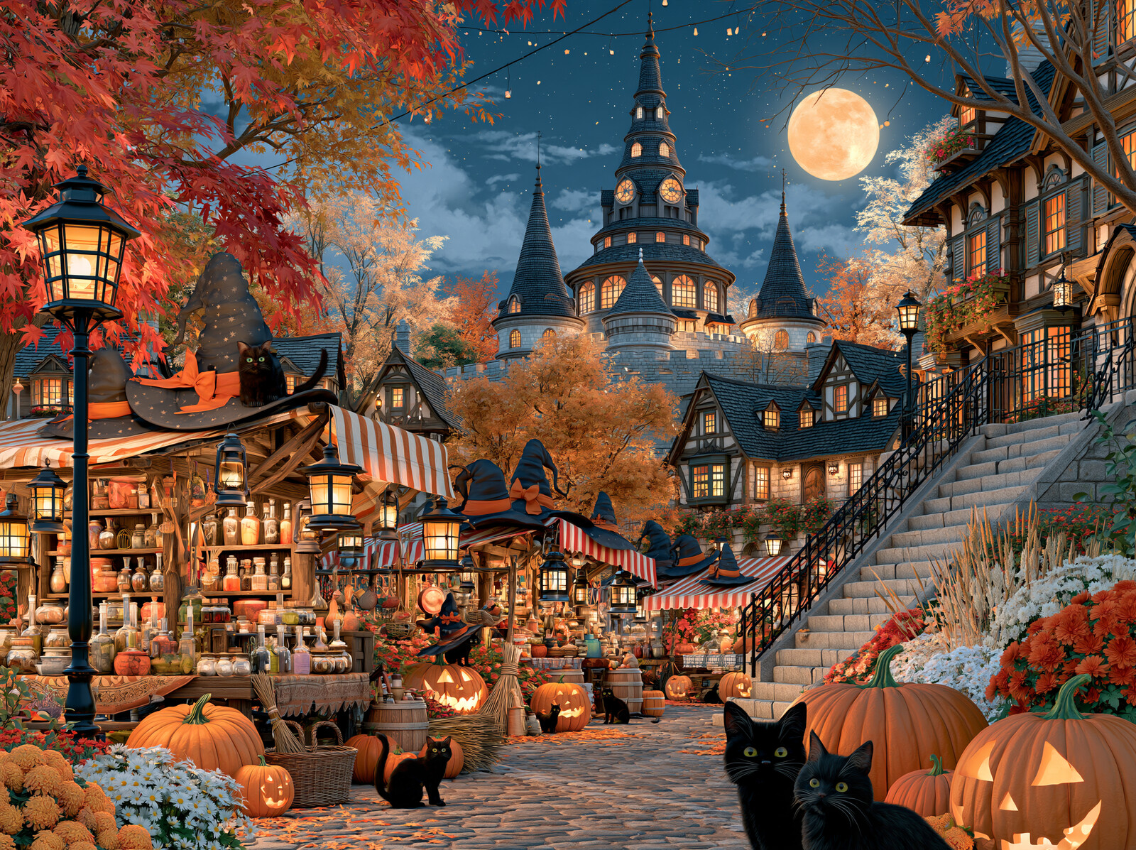 A lantern-lit Halloween market with pumpkins and black cats on a cobbled street below a spired castle and full moon