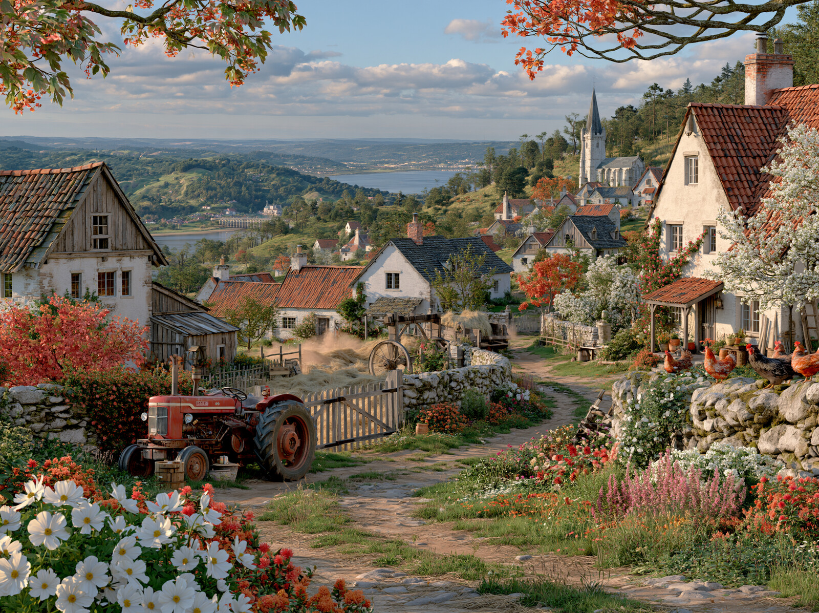 A red tractor in a lane through a hillside farm village, with flowers, a church spire and a lake beyond
