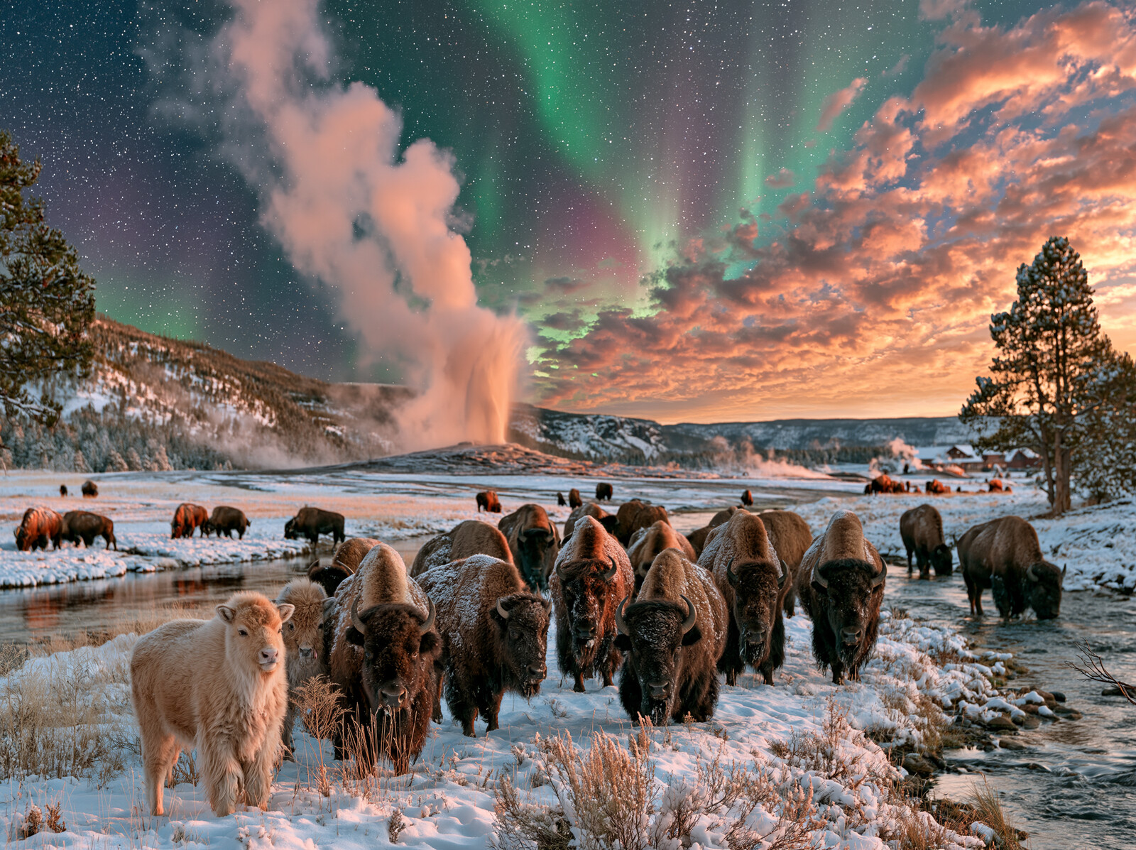 A bison herd crossing snowy ground towards the camera while Old Faithful erupts beneath green northern lights and a sunset sky