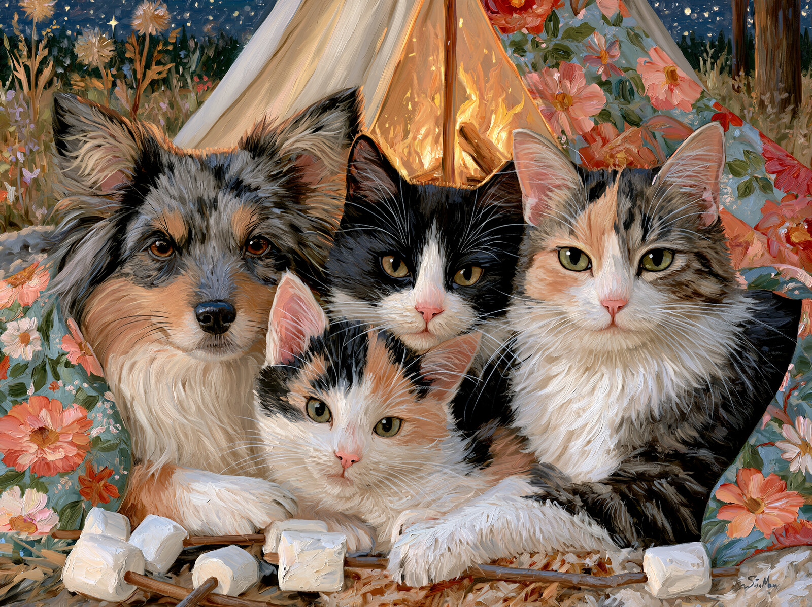 A collie and three cats sitting in a lantern-lit tent under a starry sky with a pile of marshmallows