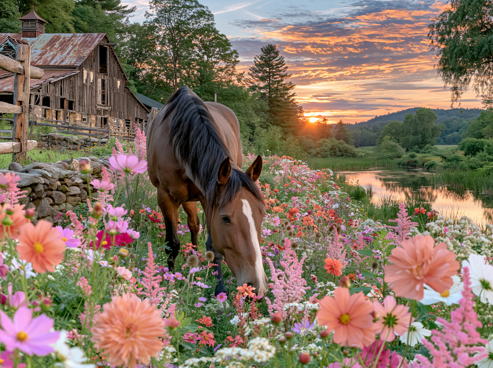 A bay horse grazing among dahlias beside an old barn and a river at sunset