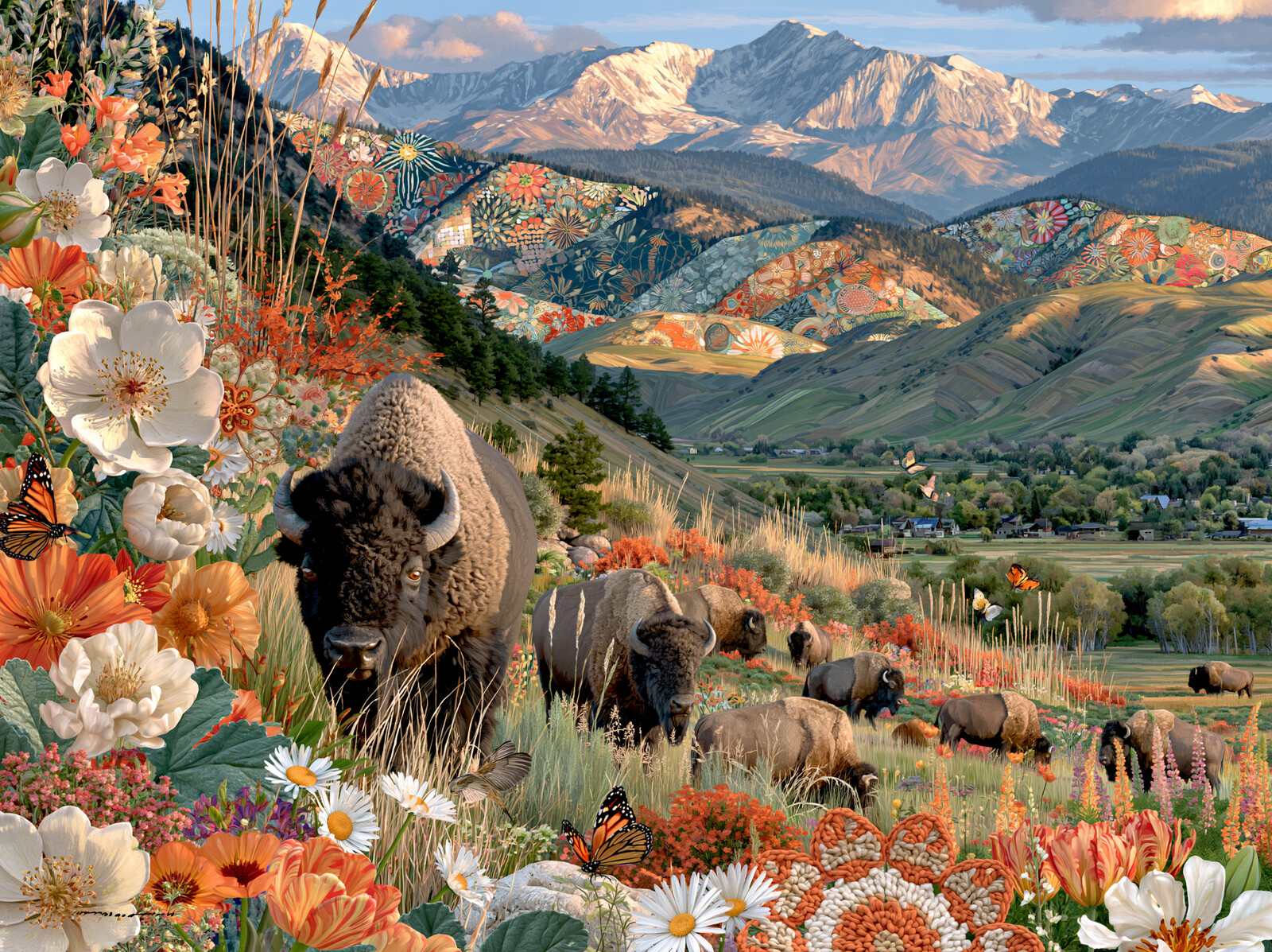 Bison grazing on a hillside of painted wildflowers below patterned, snow-capped mountains