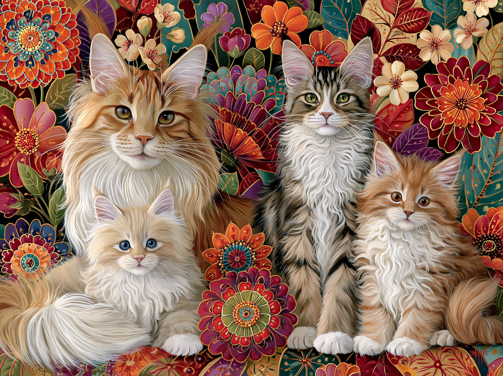 A Maine Coon family of four among folk art dahlias, zinnias and paisley