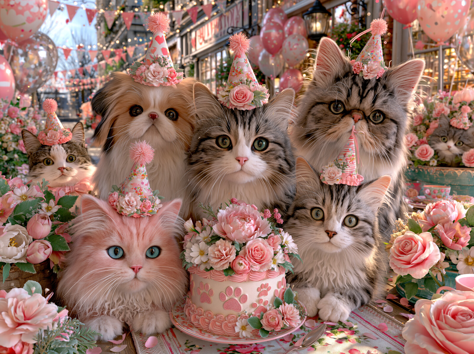 Six cats in pink party hats gathered round a paw print cake at a fairground stall hung with balloons