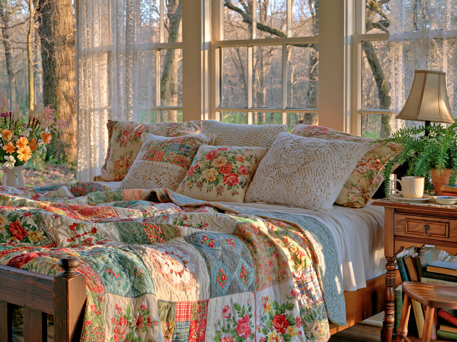 A floral patchwork quilt spread across a bed in a sunny bedroom with tall windows onto the woods