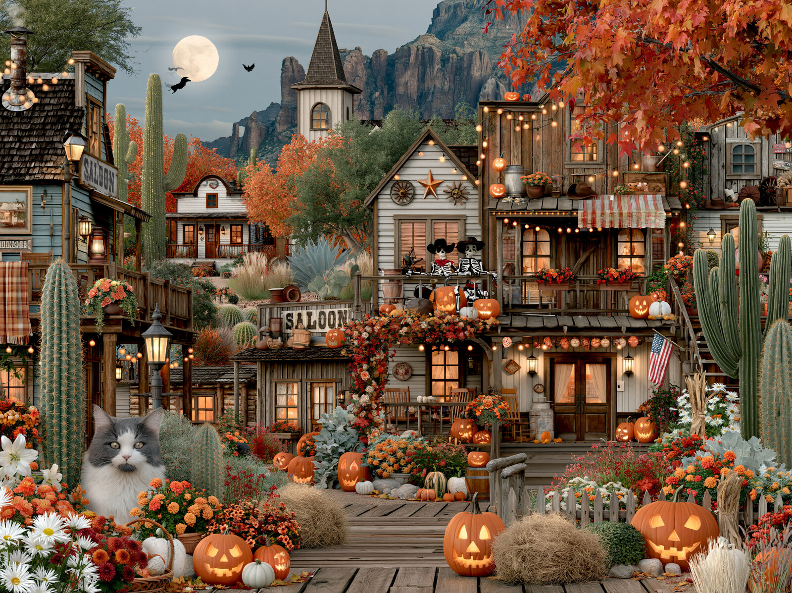 A Wild West ghost town main street at Halloween, with a saloon, cactus, jack o' lanterns and a cat under a full moon
