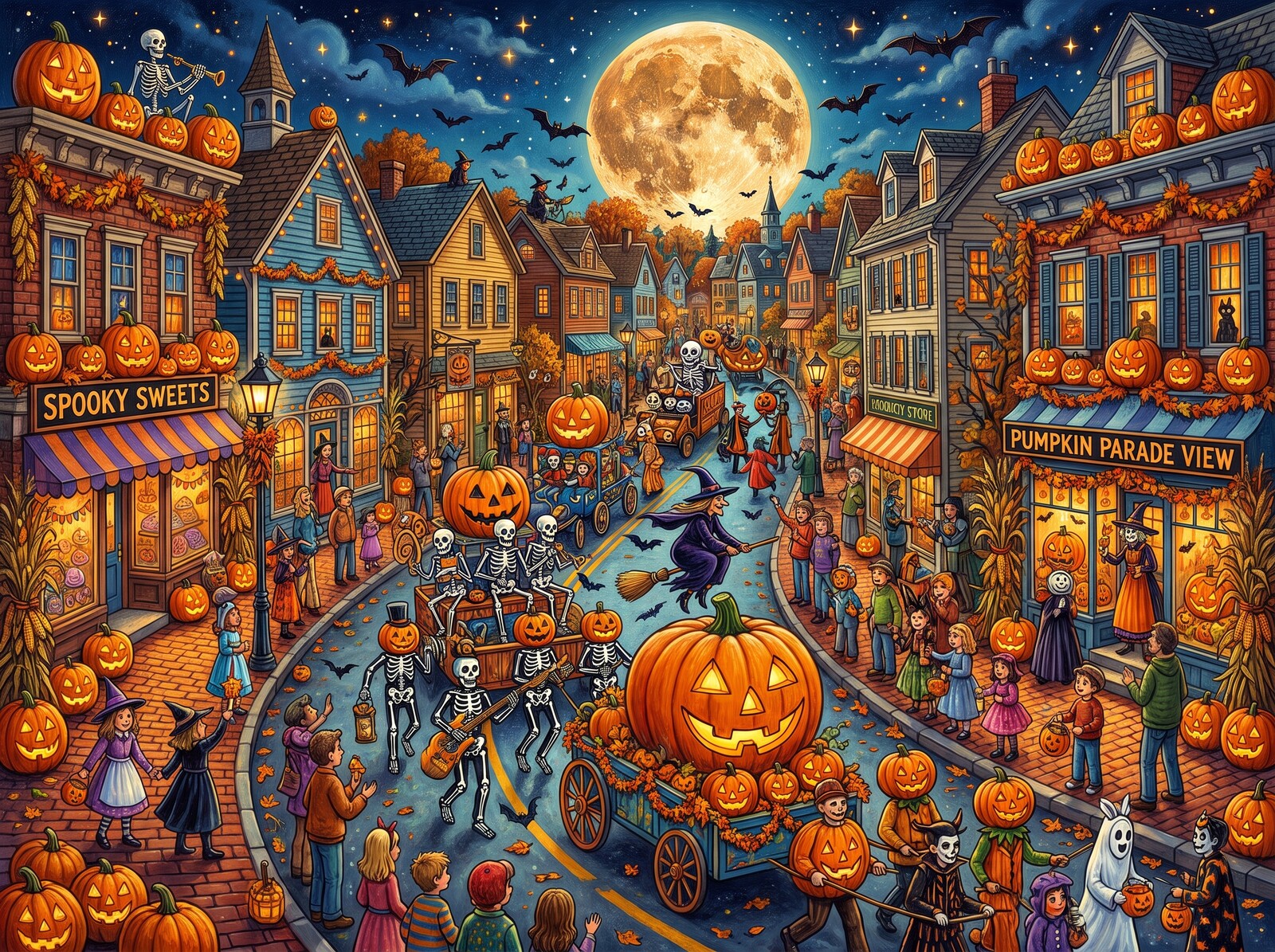 A pumpkin parade winding down a crowded Halloween town street past the Spooky Sweets shop