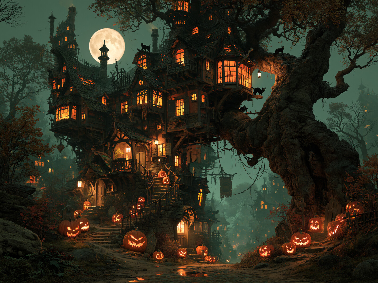 A village of crooked houses built into a giant haunted oak, lit by lanterns and jack o' lanterns under a full moon