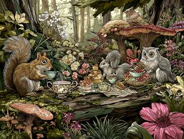 Two squirrels and an owl having afternoon picnic on tree log table - picture 4