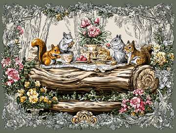 Four squirrels having a picnic on an old tree log table - picture 5