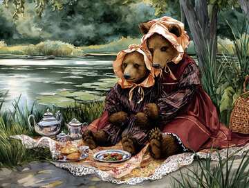 A bear family from a storybook enjoying a summer snack out in the countryside. - picture 6