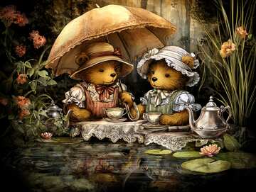 Teddy Bears having Tea for Two beside a raised fishpond - picture 7
