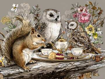 Red squirrel and two owls having afternoon picnic on tree log table - picture 3