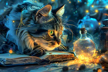 Cat wizard with spellbook