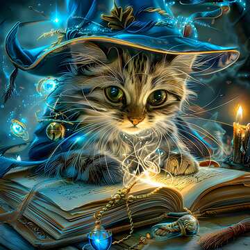 Cat gazing at a glowing tome