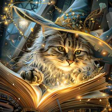 Cat gazing at a glowing tome