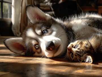 A curious kitten paws at a husky pup's nose as bright morning light filters through curtains, filling the room with warmth - picture 2