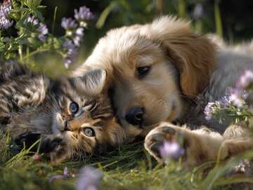 Golden retriever puppy and fluffy tabby kitten tumble joyfully through wildflowers, sharing innocent play in warm sunshine. - picture 3