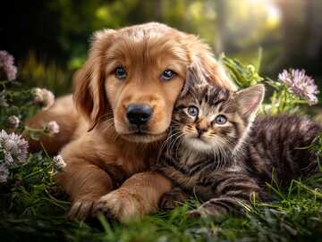 Puppy and tabby kitten cuddle together, basking in sunshine and fun play together - picture 5