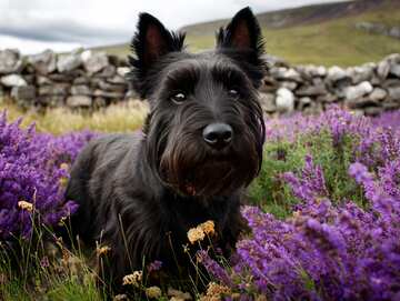 Adorable Scottish Terrier among purple thistles and lavender - a peaceful summer garden scene! Picture 1