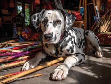 Dalmatian in a sunlit artist's studio surrounded by colorful paintbrushes and canvases - picture 9