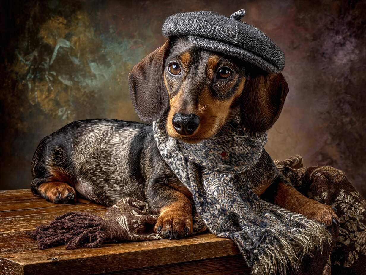 Dog - Charming dachshund poses in a cozy hat and scarf - an adorable studio portrait!
