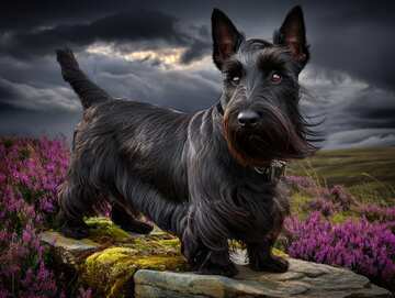 Proud Scottie dog atop a Highland stone wall - dramatic skies and blooming heather - picture 4