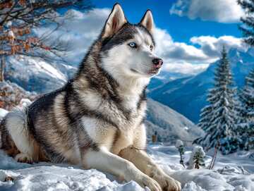Majestic Siberian Husky in a snowy mountain wonderland with glittering fur and pine trees - picture 8