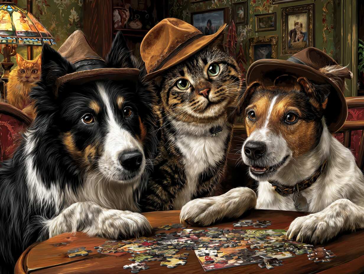 Picture - Jigsaw of dogs and a cat playing jigsaw puzzle