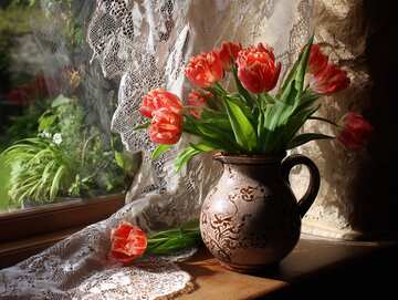 Sunlit tulips in a ceramic jug on a farmhouse windowsill with peaceful, warm charm. - picture 5
