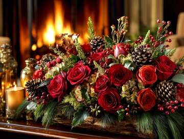 Online jigsaw puzzle - Red roses, pinecones, and holly create a cozy Christmas arrangement glowing warmly beside a crackling fireplace - picture 16