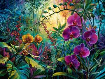 Online jigsaws - Piece together vibrant orchids and emerald rainforest leaves in this gorgeous hand-painted tropical scene - picture 20
