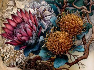 Online jigsaws - a stunning botanical study of alpine flowers with intricate pen work and natural colors - picture 21